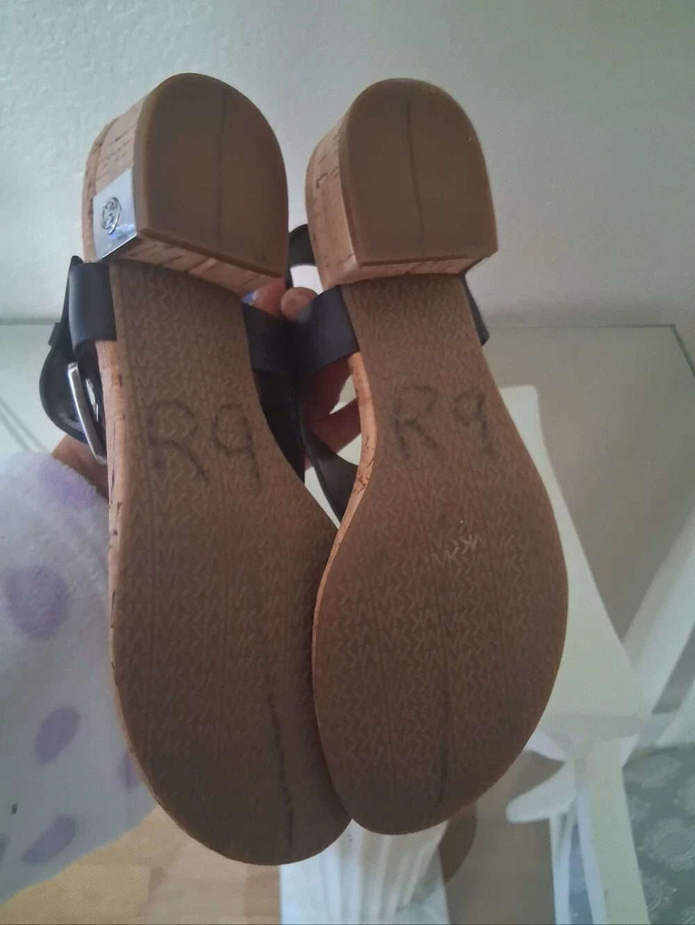 Michael Kors Black Leather London Thong Sandal with Cork Block Heel